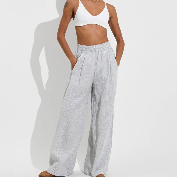 LEFT ON FRIDAY COASTAL PANT 100% LINEN High Rise Elastic Stripe $160 Medium - Picture 1 of 9